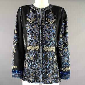 SAKS FIFTH AVENUE Size 4 Navy Blue Polyester Geometric Long Sleeve Dress Top